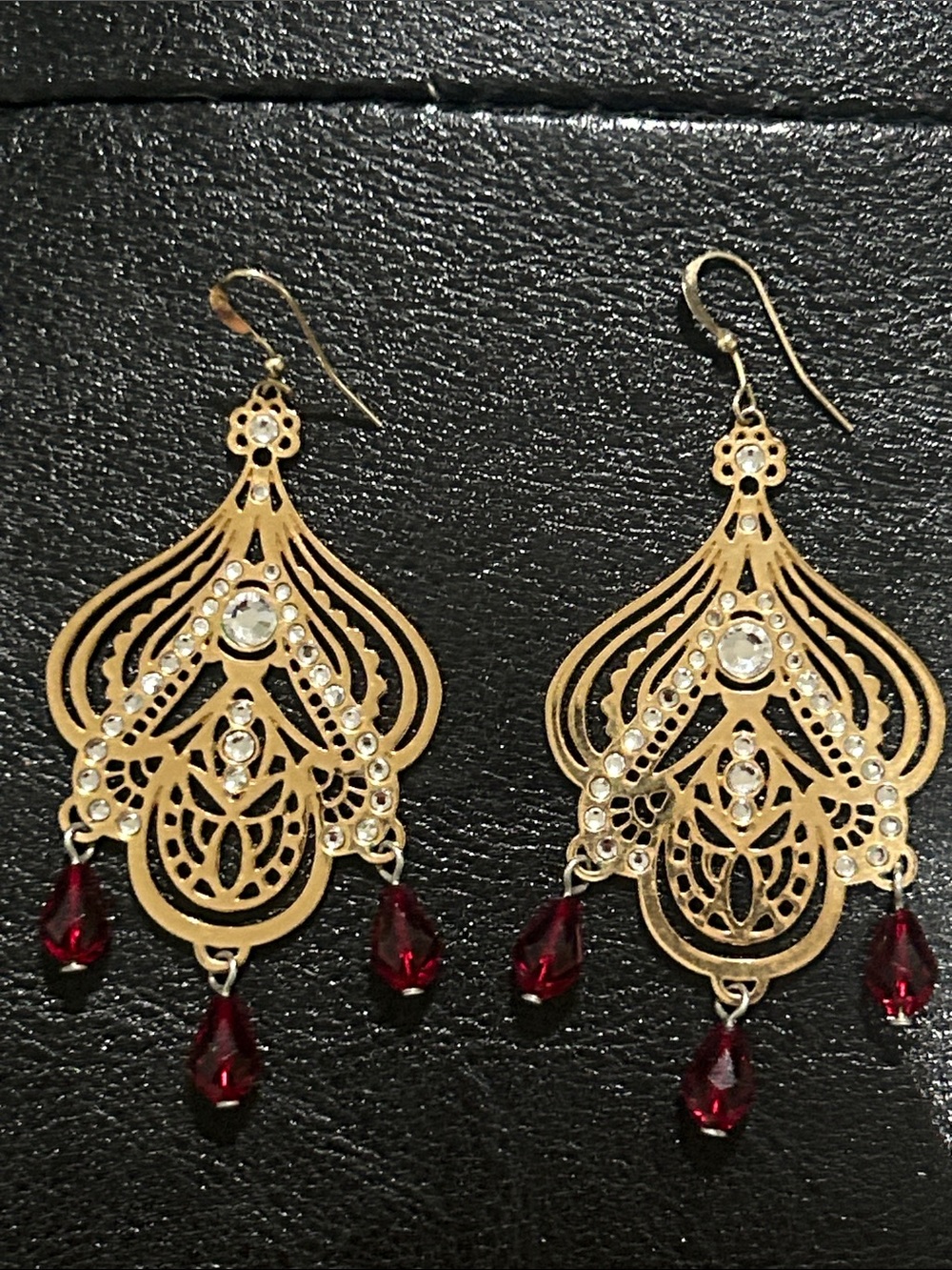 Brighton Gold Filigree Earrings with Deep Red Drops